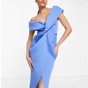 ASOS DESIGN off shoulder twist front midi dress